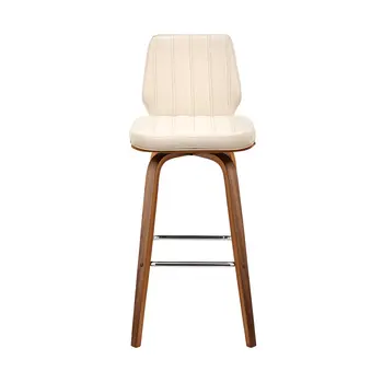 31" Cream And Brown Faux Leather And Solid + Manufactured Wood Swivel Bar Height Bar Chair