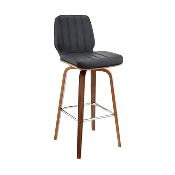 30" Gray and Brown Faux Leather and Solid and Manufactured Wood Bar Height Swivel Bar Chair
