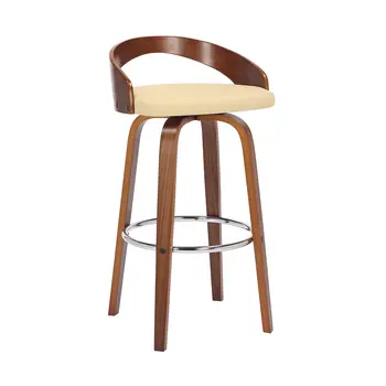 30" Cream And Brown Faux Leather And Solid Wood Swivel Low Back Bar Height Bar Chair