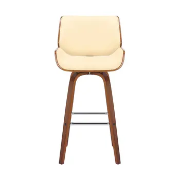 30" Cream And Brown Faux Leather And Solid Wood Swivel Bar Height Bar Chair