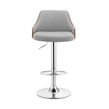 Gray And Silver Faux Leather And Iron Adjustable Height Swivel Bar Chair