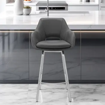 30" Gray And Silver Iron Swivel Low Back Bar Height Bar Chair