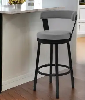 26" Gray and Black Fabric and Iron Counter Height Swivel Bar Chair