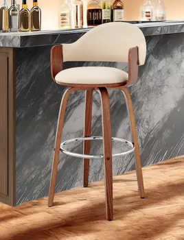 30" Cream and Brown Fabric Low Back Bar Height Swivel Bar Chair