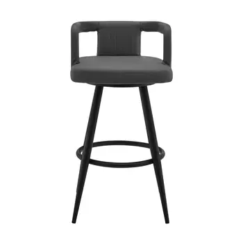26" Gray And Black Faux Leather And Iron Swivel Low Back Counter Height Bar Chair