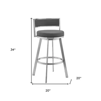 26" Gray and Silver Faux Leather and Iron Low Back Counter Height Swivel Bar Chair