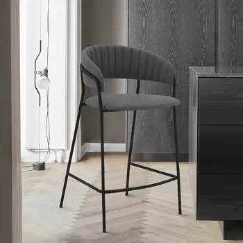 26" Gray and Black Faux Leather and Iron Low Back Counter Height Bar Chair