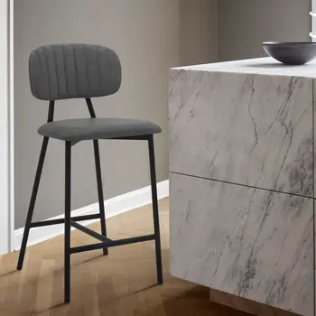 26" Gray and Black Faux Leather and Iron Low Back Counter Height Bar Chair