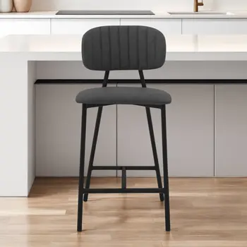 26" Gray and Black Faux Leather and Iron Low Back Counter Height Bar Chair