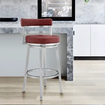 26" Red And Silver Faux Leather And Iron Swivel Low Back Counter Height Bar Chair