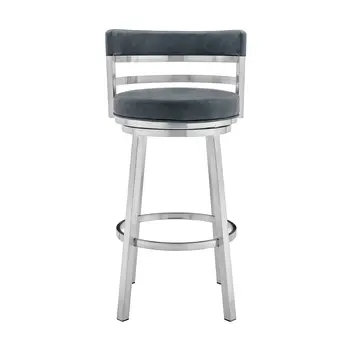 30" Blue And Silver Faux Leather And Iron Swivel Low Back Bar Height Bar Chair