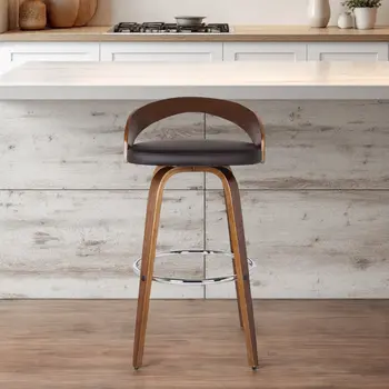 30" Brown Faux Leather and Solid Wood Low Back Bar Height Swivel Bar Chair
