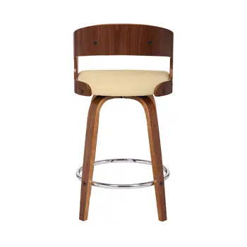 26" Cream And Brown Faux Leather And Iron Swivel Low Back Counter Height Bar Chair