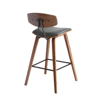 29" Gray and Brown Faux Leather and Iron Low Back Bar Height Bar Chair