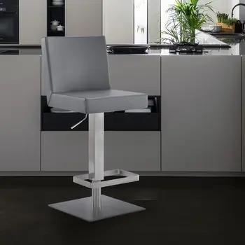 24" Gray and Silver Faux Leather and Iron Adjustable Height Swivel Bar Chair