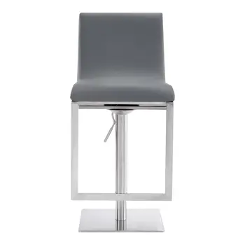 26" Gray And Silver Faux Leather And Iron Swivel Adjustable Height Bar Chair
