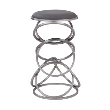 30" Gray And Silver Faux Leather And Iron Backless Bar Height Bar Chair