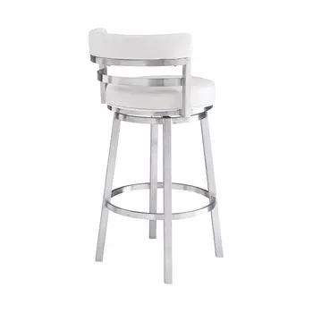 30" White and Silver Faux Leather and Iron Low Back Bar Height Swivel Bar Chair