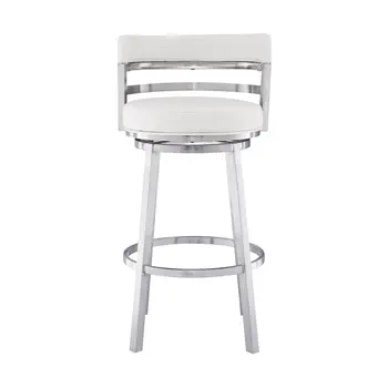 30" White and Silver Faux Leather and Iron Low Back Bar Height Swivel Bar Chair