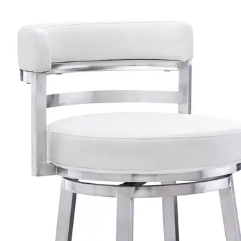 30" White and Silver Faux Leather and Iron Low Back Bar Height Swivel Bar Chair