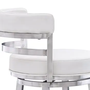30" White and Silver Faux Leather and Iron Low Back Bar Height Swivel Bar Chair