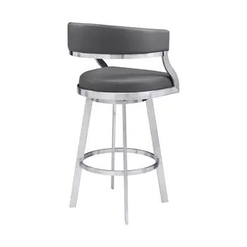 30" Gray and Silver Faux Leather and Iron Low Back Bar Height Swivel Bar Chair