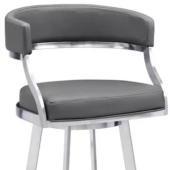 30" Gray and Silver Faux Leather and Iron Low Back Bar Height Swivel Bar Chair