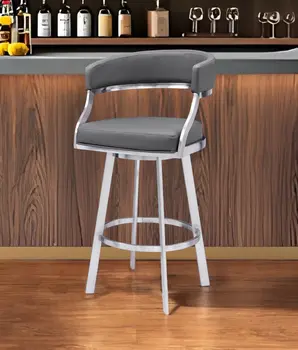 26" Gray and Silver Faux Leather and Iron Low Back Counter Height Swivel Bar Chair