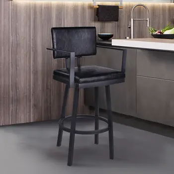 26" Black Faux Leather and Iron Counter Height Swivel Bar Chair