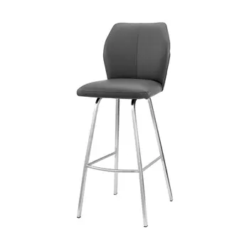 26" Gray And Silver Faux Leather And Iron Counter Height Bar Chair