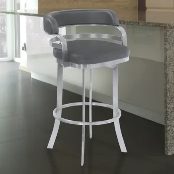 26" Gray And Silver Faux Leather And Iron Swivel Low Back Counter Height Bar Chair