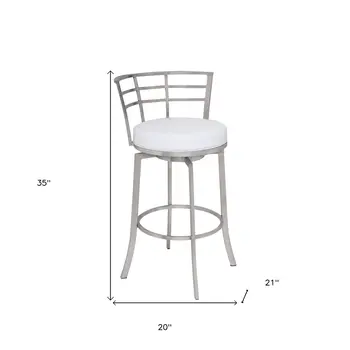 26" White And Silver Faux Leather And Iron Swivel Low Back Counter Height Bar Chair