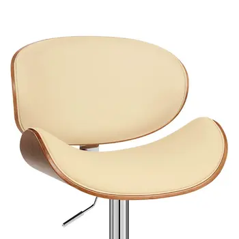 Cream and Silver Faux Leather and Solid Wood Low Back Adjustable Height Swivel Bar Chair