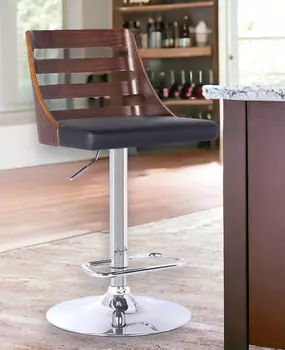 24" Black And Silver Faux Leather And Iron Low Back Adjustable Height Bar Chair