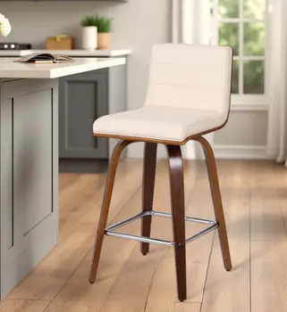 26" Cream and Brown Fabric and Iron Low Back Counter Height Swivel Bar Chair