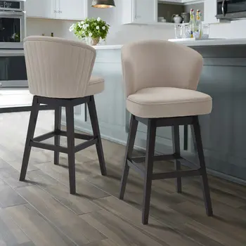 27" Tan and Espresso Fabric and Solid Wood Low Back Counter Height Swivel Bar Chair