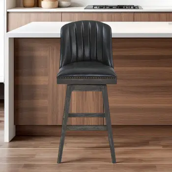 26" Brown and Gray Faux Leather and Solid Wood Counter Height Swivel Bar Chair