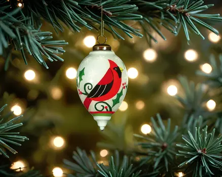 Festive Glitter Red Cardinal Hand Painted Mouth Blown Glass Ornament