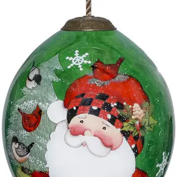 Plaid Santa with Cardinals Hand Painted Mouth Blown Glass Ornament