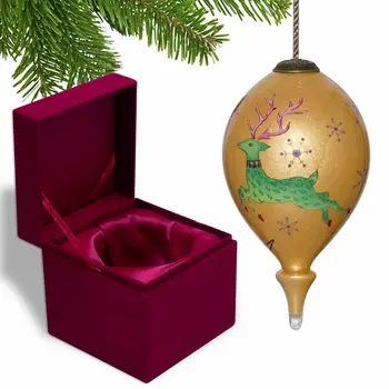 Golden Reindeer and Snowflakes Hand Painted Mouth Blown Glass Ornament