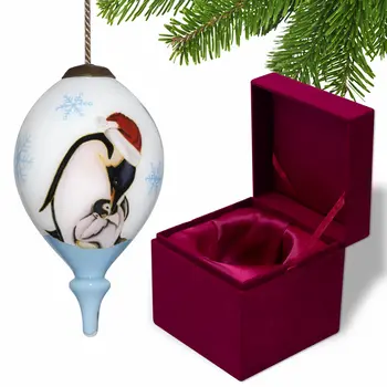 Penguin Mother and Child Hand Painted Mouth Blown Glass Ornament