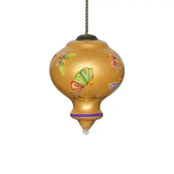 Golden Extravagant Butterflies Hand Painted Mouth Blown Glass Ornament