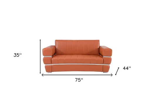 75" Camel And Silver Italian Leather Loveseat