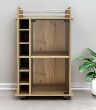 22" Brown Wood Rolling Bar Cart With Wine Storage