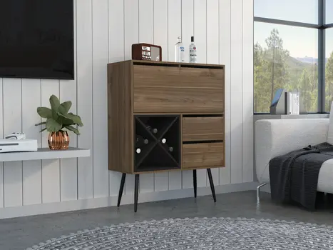 46" Dark Brown and Black Wood Console Bar Cabinet With Single Door And Two Drawers