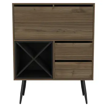 46" Dark Brown and Black Wood Console Bar Cabinet With Single Door And Two Drawers