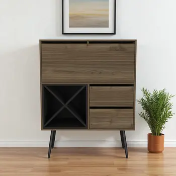 46" Dark Brown and Black Wood Console Bar Cabinet With Single Door And Two Drawers