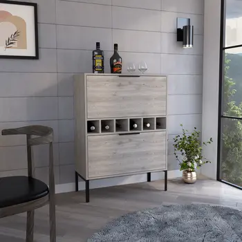 43" Light Gray and Black Wood Console Bar Cabinet With Two Doors