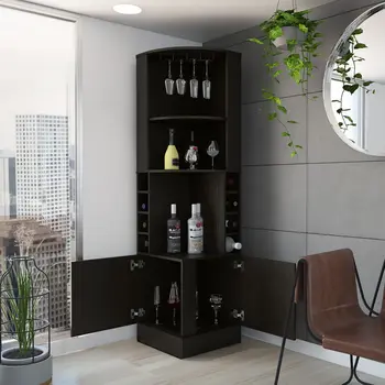 71" Black Wood Corner Bar Cabinet With Two Doors