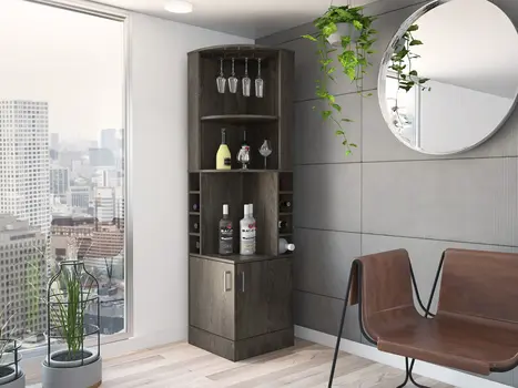 71" Dark Brown Wood Corner Bar Cabinet With Two Doors